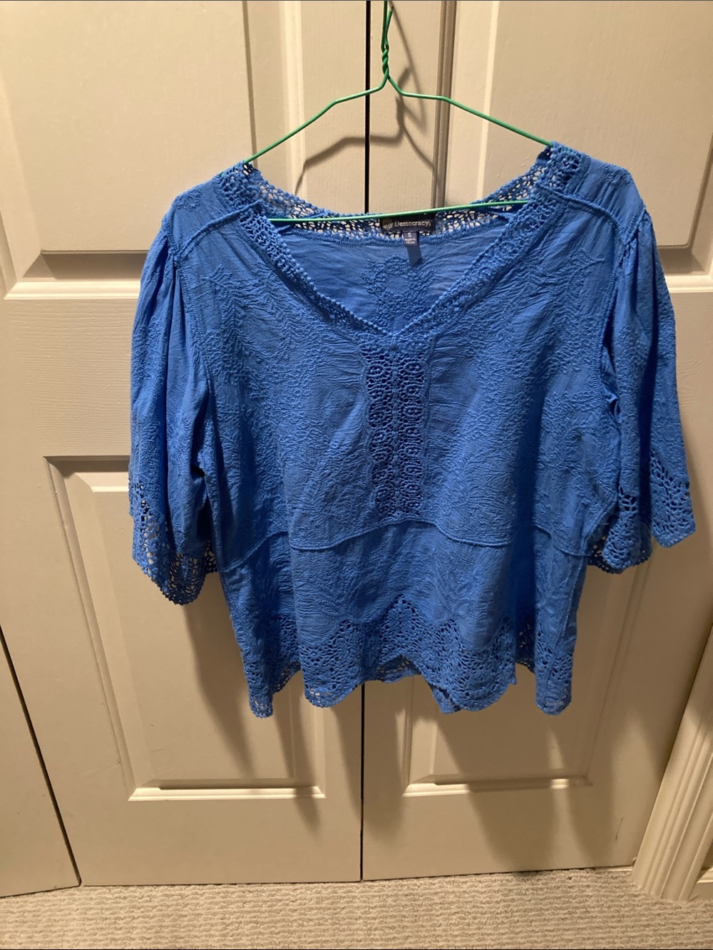 Democracy Royal Blue Crochet-Trim V-Neck Blouse